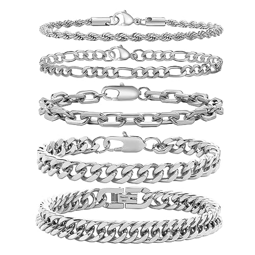 VNOX Silver Chain Bracelets for Men - 5 Pcs Solid Stainless Steel Rope/Figaro/Paperclip/Cuban Link Curb Chunky Chain Bracelet Set Wrist Band for Men Women Boys,Size 8.3 Inches