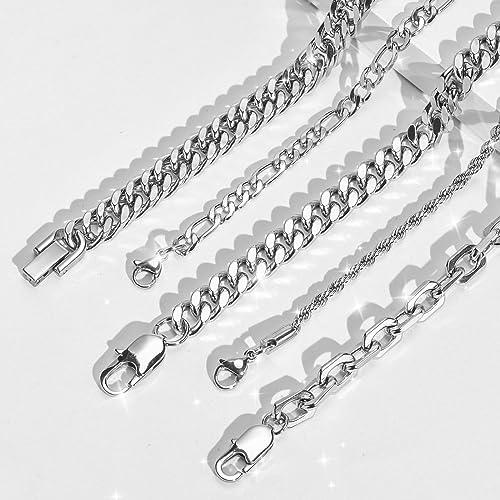 VNOX Silver Chain Bracelets for Men - 5 Pcs Solid Stainless Steel Rope/Figaro/Paperclip/Cuban Link Curb Chunky Chain Bracelet Set Wrist Band for Men Women Boys,Size 8.3 Inches