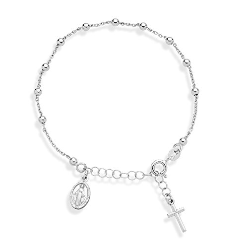 Miabella 925 Sterling Silver Italian Rosary Cross Bead Charm Link Chain Bracelet for Women, Adjustable, Made in Italy (Length 6 to 7 Inch)