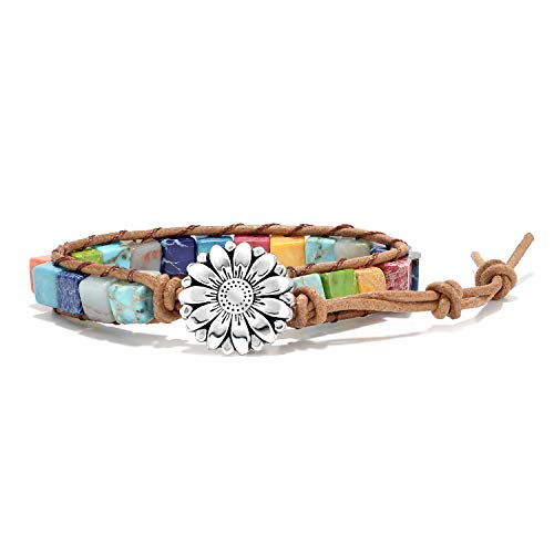 sedmart 7 Chakra Bracelets for Women with Real Stones Leather Wrap Healing Bead Bracelet Women Men Boho Friendship Jewelry… (Flower Button & Square Stone)