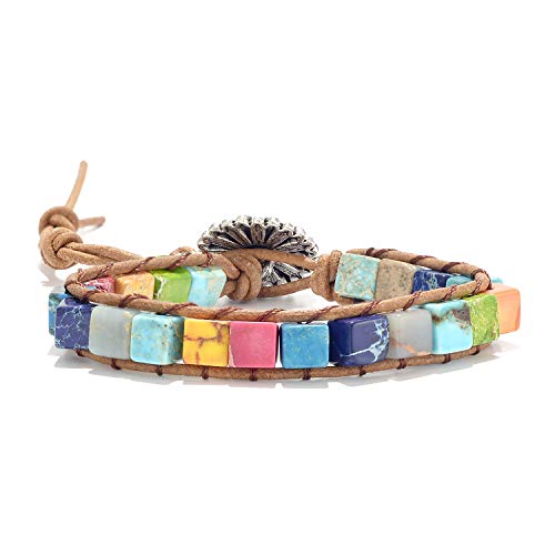 sedmart 7 Chakra Bracelets for Women with Real Stones Leather Wrap Healing Bead Bracelet Women Men Boho Friendship Jewelry… (Flower Button & Square Stone)