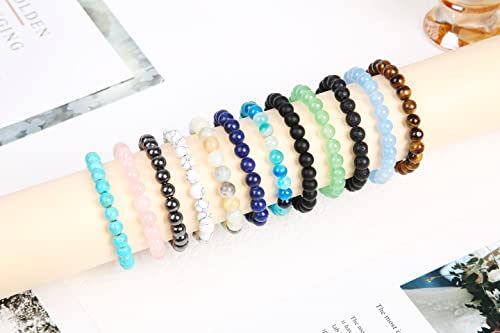 Leocuci 12PCS 8mm Semi-precious Beaded Bracelets for Men Women Healing Stretch Round Bead Crystal Gemstones Bracelets