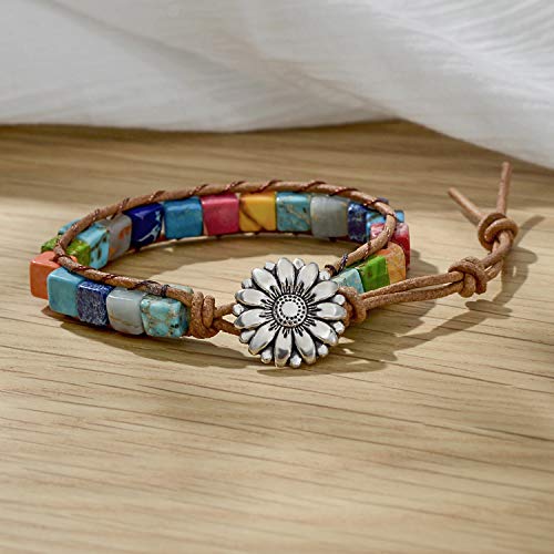 sedmart 7 Chakra Bracelets for Women with Real Stones Leather Wrap Healing Bead Bracelet Women Men Boho Friendship Jewelry… (Flower Button & Square Stone)