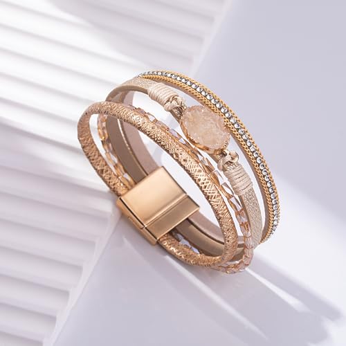 FANCY SHINY Boho Leather Wrap Bracelets Bohemian Crystal Bracelets Trendy Layered Bracelet with Magnetic Clasp Stackable Jewelry for Women (7.7", Gold)