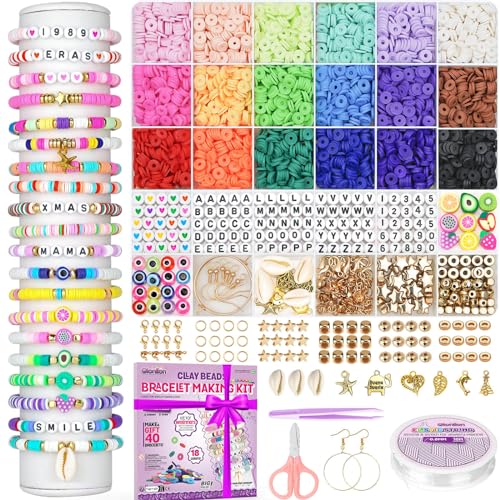 Gionlion 5200 Clay Beads Bracelet Making Kit for Beginner, Friendship Preppy Polymer Heishi Beads for Bracelets Jewelry Making kit with Charms, DIY Arts and Crafts Gifts Toys for Ages 5-13