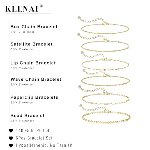 Klenai Gold Bracelets for Women, Dainty Gold Bracelet 14K Gold Plated Bracelet Stack Trendy Non-Tarnish Gold Box Paperclip Link Cuban Chain Bracelet Set Waterproof Jewelry Gifts for Womens