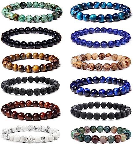 FIRAZIO 12Pcs 8mm Gemstones Beaded Stretch Bracelet for Women Healing Crystal Stone Bracelets Round Beads Semi-Precious Stretch Bracelet Set Unisex