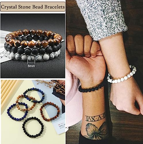 FIRAZIO 12Pcs 8mm Gemstones Beaded Stretch Bracelet for Women Healing Crystal Stone Bracelets Round Beads Semi-Precious Stretch Bracelet Set Unisex