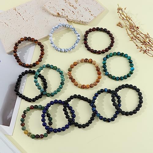 FIRAZIO 12Pcs 8mm Gemstones Beaded Stretch Bracelet for Women Healing Crystal Stone Bracelets Round Beads Semi-Precious Stretch Bracelet Set Unisex