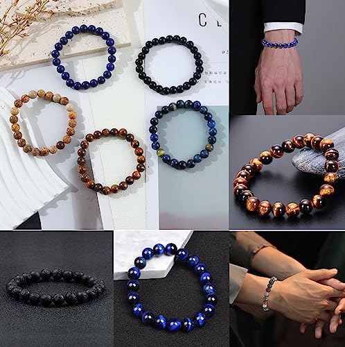 FIRAZIO 12Pcs 8mm Gemstones Beaded Stretch Bracelet for Women Healing Crystal Stone Bracelets Round Beads Semi-Precious Stretch Bracelet Set Unisex