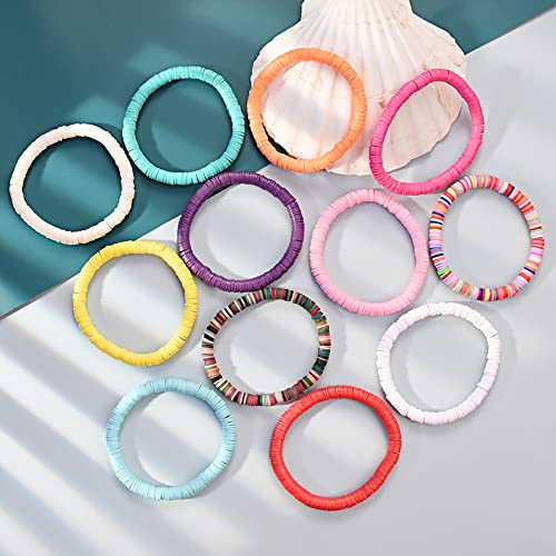 HYHONEY 12pcs Friendship Bracelets Beaded Bracelets Heishi Bracelet Cute Bracelets Stack Vinyl Clay Disc Bead Surfer Stretch Summer Beach Bracelets For Women Preppy Bracelets