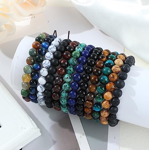 FIRAZIO 12Pcs 8mm Gemstones Beaded Stretch Bracelet for Women Healing Crystal Stone Bracelets Round Beads Semi-Precious Stretch Bracelet Set Unisex