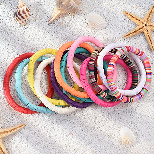 HYHONEY 12pcs Friendship Bracelets Beaded Bracelets Heishi Bracelet Cute Bracelets Stack Vinyl Clay Disc Bead Surfer Stretch Summer Beach Bracelets For Women Preppy Bracelets