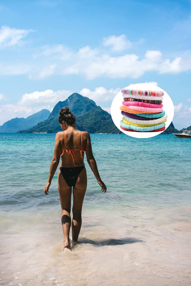 HYHONEY 12pcs Friendship Bracelets Beaded Bracelets Heishi Bracelet Cute Bracelets Stack Vinyl Clay Disc Bead Surfer Stretch Summer Beach Bracelets For Women Preppy Bracelets