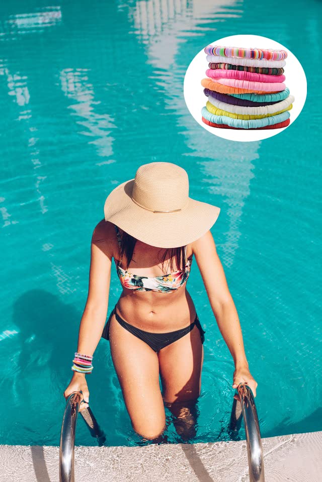 HYHONEY 12pcs Friendship Bracelets Beaded Bracelets Heishi Bracelet Cute Bracelets Stack Vinyl Clay Disc Bead Surfer Stretch Summer Beach Bracelets For Women Preppy Bracelets
