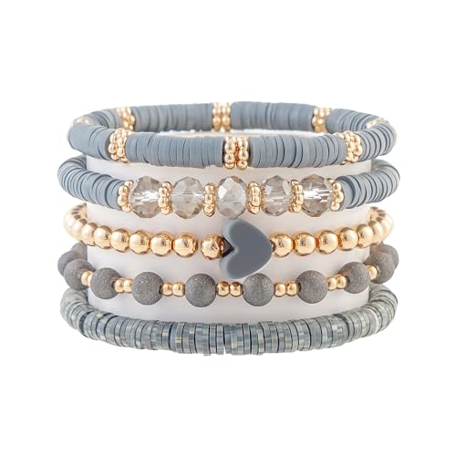 RISHEGAE Heishi Beaded Stretch Bracelets for Women Stackable Gold Polymer Clay Beads Bracelets Friendship Boho Summer Beach Bracelets Jewelry Set