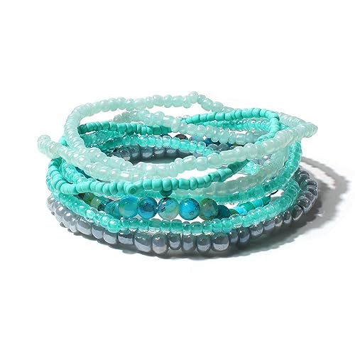 7Pcs Bohemian Stackable Stone Beaded Bracelet Set for Women Friend Boho Layered Faux Pearl Crystal Seed Stretchy Strand Statement Bracelet Multicolor Holiday Jewelry Birthday Gift-O blue