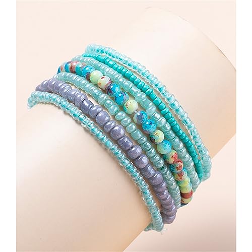 7Pcs Bohemian Stackable Stone Beaded Bracelet Set for Women Friend Boho Layered Faux Pearl Crystal Seed Stretchy Strand Statement Bracelet Multicolor Holiday Jewelry Birthday Gift-O blue
