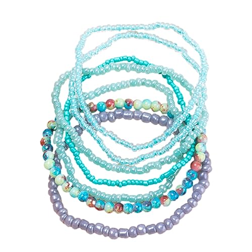 7Pcs Bohemian Stackable Stone Beaded Bracelet Set for Women Friend Boho Layered Faux Pearl Crystal Seed Stretchy Strand Statement Bracelet Multicolor Holiday Jewelry Birthday Gift-O blue