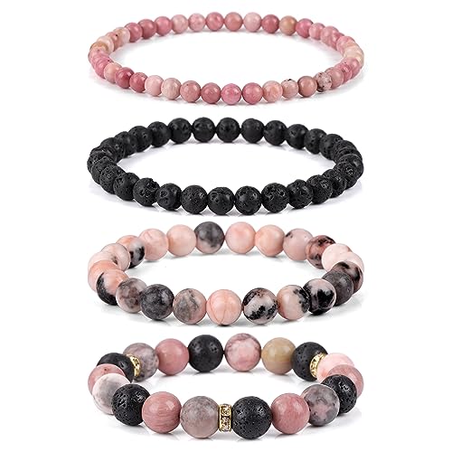 Vinswet 4pcs Natural Stone Beaded Bracelets for Women Men,Healing Crystal Gemstones Stretch Bracelet,4mm 6mm 8mm 10mm Pink zebra Lava Rock Rhodochrosite Anxiety Stress Relief Bracelet Jewelry Gifts