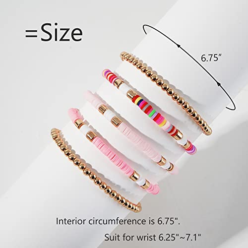 GOOJIDS Surfer Heishi Clay Bead Bracelets for Women Bohemian Stackable Gold Beaded Stretch Bracelets Elastic Layering Friendship Bracelets Boho Jewelry Gifts (C-New Pink Sets)