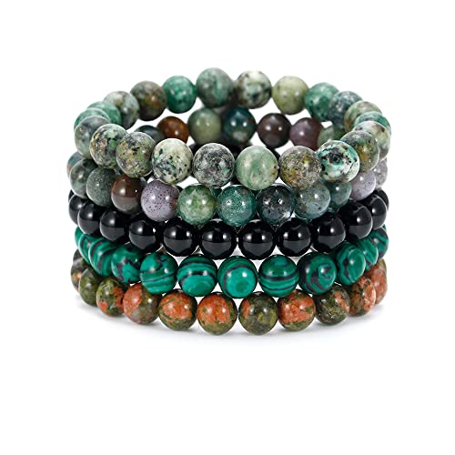 BOMAIL 5PCS Semi-Precious Gemstone Bracelet - Healing Crystal Stone Beaded Bracelets for Women Men 8mm Round Beaded Stretch Bracelets Unisex Yoga Bracelets Gifts