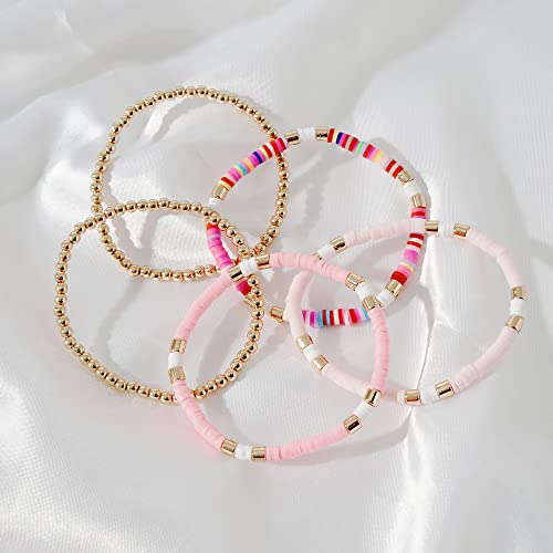 GOOJIDS Surfer Heishi Clay Bead Bracelets for Women Bohemian Stackable Gold Beaded Stretch Bracelets Elastic Layering Friendship Bracelets Boho Jewelry Gifts (C-New Pink Sets)
