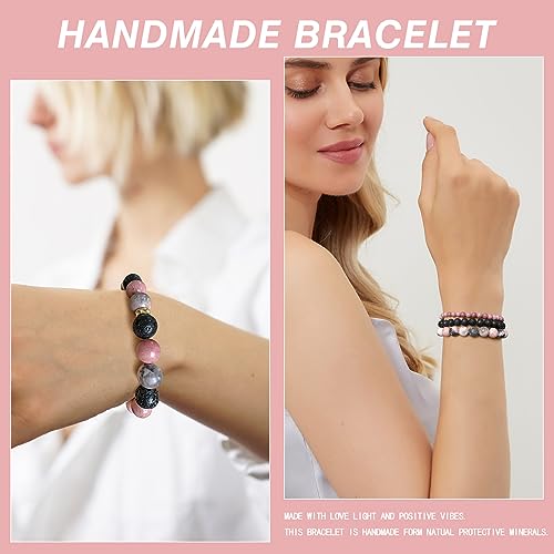 Vinswet 4pcs Natural Stone Beaded Bracelets for Women Men,Healing Crystal Gemstones Stretch Bracelet,4mm 6mm 8mm 10mm Pink zebra Lava Rock Rhodochrosite Anxiety Stress Relief Bracelet Jewelry Gifts