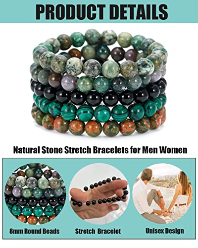 BOMAIL 5PCS Semi-Precious Gemstone Bracelet - Healing Crystal Stone Beaded Bracelets for Women Men 8mm Round Beaded Stretch Bracelets Unisex Yoga Bracelets Gifts