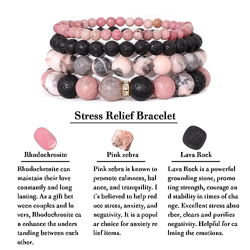 Vinswet 4pcs Natural Stone Beaded Bracelets for Women Men,Healing Crystal Gemstones Stretch Bracelet,4mm 6mm 8mm 10mm Pink zebra Lava Rock Rhodochrosite Anxiety Stress Relief Bracelet Jewelry Gifts
