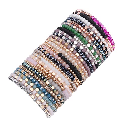 WAINIS 27-28Pcs Delicate Boho Beaded Bracelet Multi Layer Versatile Statement Bracelets Stackable stretch Cuff Sparkly Glass Crystal Beads bracelets
