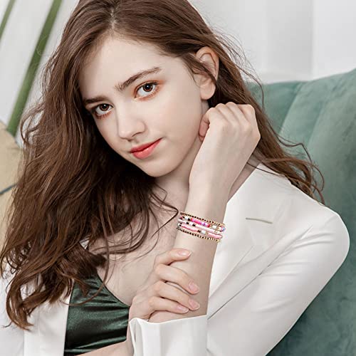 GOOJIDS Surfer Heishi Clay Bead Bracelets for Women Bohemian Stackable Gold Beaded Stretch Bracelets Elastic Layering Friendship Bracelets Boho Jewelry Gifts (C-New Pink Sets)