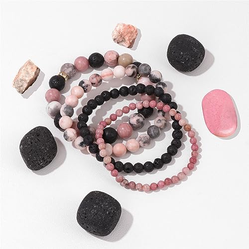 Vinswet 4pcs Natural Stone Beaded Bracelets for Women Men,Healing Crystal Gemstones Stretch Bracelet,4mm 6mm 8mm 10mm Pink zebra Lava Rock Rhodochrosite Anxiety Stress Relief Bracelet Jewelry Gifts