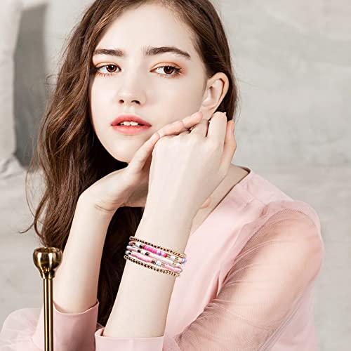 GOOJIDS Surfer Heishi Clay Bead Bracelets for Women Bohemian Stackable Gold Beaded Stretch Bracelets Elastic Layering Friendship Bracelets Boho Jewelry Gifts (C-New Pink Sets)