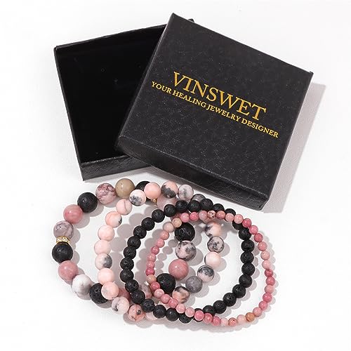 Vinswet 4pcs Natural Stone Beaded Bracelets for Women Men,Healing Crystal Gemstones Stretch Bracelet,4mm 6mm 8mm 10mm Pink zebra Lava Rock Rhodochrosite Anxiety Stress Relief Bracelet Jewelry Gifts
