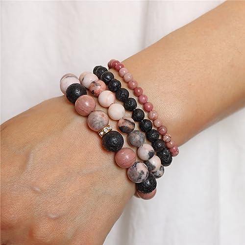 Vinswet 4pcs Natural Stone Beaded Bracelets for Women Men,Healing Crystal Gemstones Stretch Bracelet,4mm 6mm 8mm 10mm Pink zebra Lava Rock Rhodochrosite Anxiety Stress Relief Bracelet Jewelry Gifts
