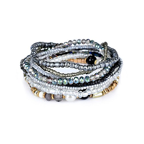 MengPa Beaded Bracelets for Women Trendy Stacks Boho Bead Bracelet Pack Gold Friendship Jewelry (Grey) G3207C