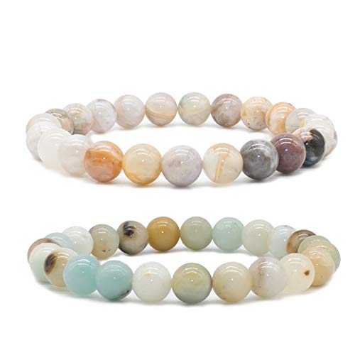 Bivei Natural Gemstone Semi Precious Healing Crystals Handmade Stretchy Round Beads Bracelet, Enhance Positive Energy(Bamboo Leaf Agate & Amazonite (Good Luck) Medium)