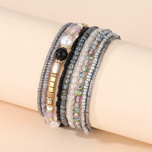 MengPa Beaded Bracelets for Women Trendy Stacks Boho Bead Bracelet Pack Gold Friendship Jewelry (Grey) G3207C