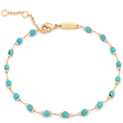 MEVECCO Gold Round Turquoise Beaded Bracelets,14K Gold Plated Handmade Cute Dainty Bracelet for Women