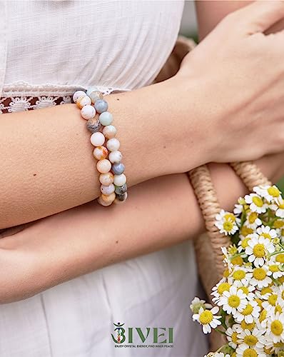 Bivei Natural Gemstone Semi Precious Healing Crystals Handmade Stretchy Round Beads Bracelet, Enhance Positive Energy(Bamboo Leaf Agate & Amazonite (Good Luck) Medium)