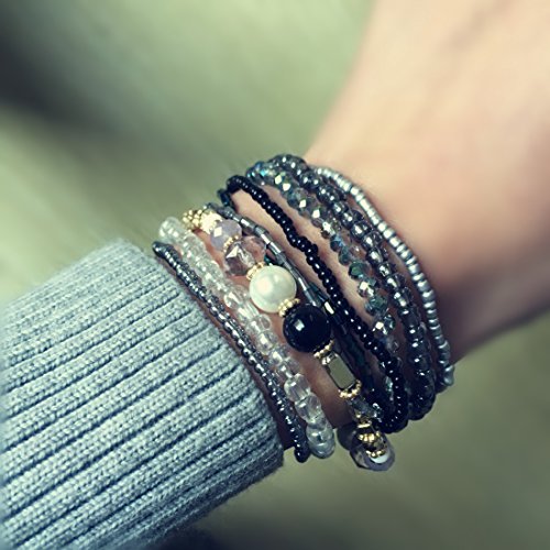 MengPa Beaded Bracelets for Women Trendy Stacks Boho Bead Bracelet Pack Gold Friendship Jewelry (Grey) G3207C