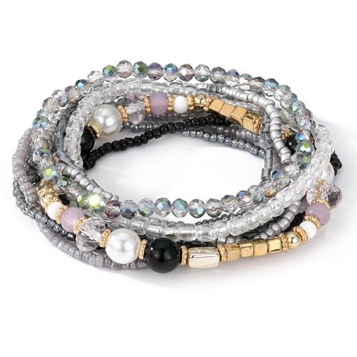 MengPa Beaded Bracelets for Women Trendy Stacks Boho Bead Bracelet Pack Gold Friendship Jewelry (Grey) G3207C