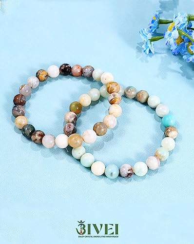 Bivei Natural Gemstone Semi Precious Healing Crystals Handmade Stretchy Round Beads Bracelet, Enhance Positive Energy(Bamboo Leaf Agate & Amazonite (Good Luck) Medium)