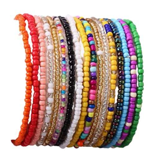 17Pcs Elastic Beaded Bracelets Colorful Bohemian Stackable Beaded Bracelet Beach Bracelet Anklet Set Rainbow Handmade Seed Bracelet Jewelry for Women-A