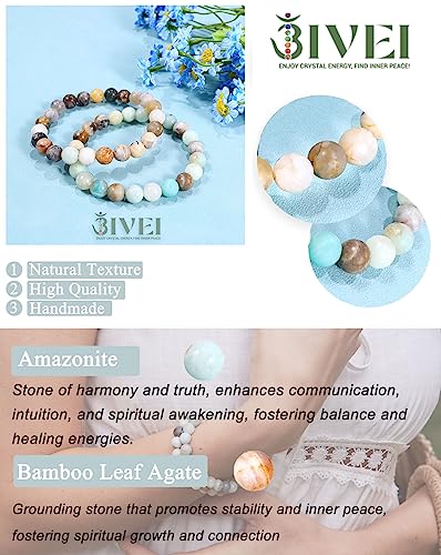 Bivei Natural Gemstone Semi Precious Healing Crystals Handmade Stretchy Round Beads Bracelet, Enhance Positive Energy(Bamboo Leaf Agate & Amazonite (Good Luck) Medium)