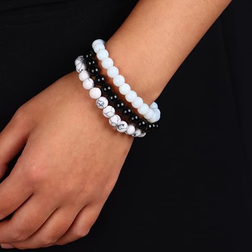 SONNYX 3Pcs 8mm Semi-Precious Gemstones Beaded Bracelets for Women Men Healing Crystal Stone Bracelet Stretch Round Beaded Elastic Bracelets Unisex Jewelry Gifts(White)