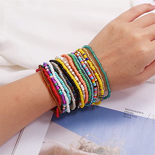 17Pcs Elastic Beaded Bracelets Colorful Bohemian Stackable Beaded Bracelet Beach Bracelet Anklet Set Rainbow Handmade Seed Bracelet Jewelry for Women-A