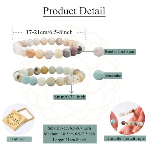 Bivei Natural Gemstone Semi Precious Healing Crystals Handmade Stretchy Round Beads Bracelet, Enhance Positive Energy(Bamboo Leaf Agate & Amazonite (Good Luck) Medium)