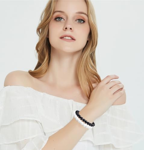 SONNYX 3Pcs 8mm Semi-Precious Gemstones Beaded Bracelets for Women Men Healing Crystal Stone Bracelet Stretch Round Beaded Elastic Bracelets Unisex Jewelry Gifts(White)